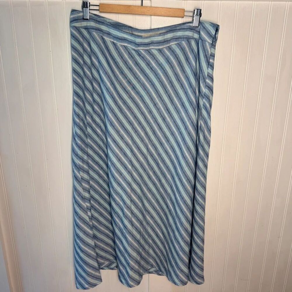 Linen Skirt Womens 16 Cherokee midi blue stripes natural beachy boho